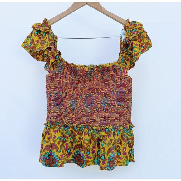 House Of Harlow‎ 1960 Set Maxi Skirt Smocked Tiered Ruffles Yellow Tropical - Picture 2 of 10